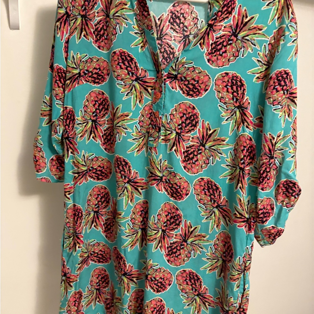 All For Color Blue 3/4 Sleeve Boxy Button Front Top - Picture 2 of 5